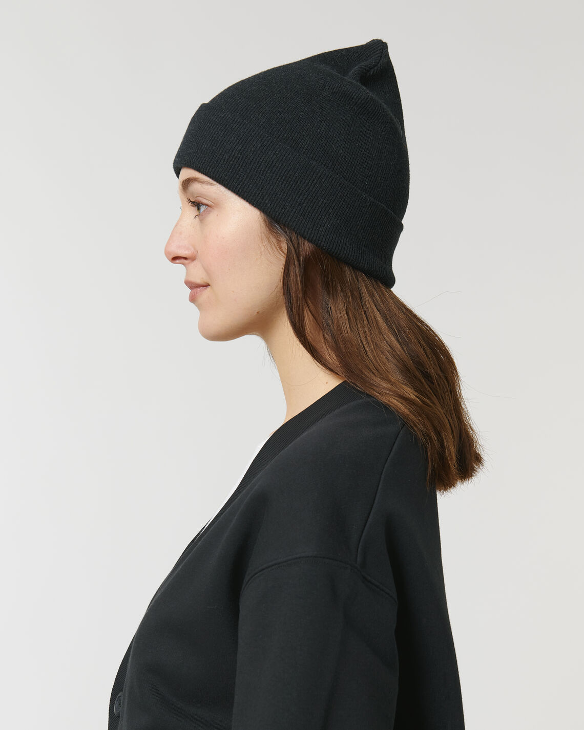 Rib Beanie Black Studio Front Detail 5